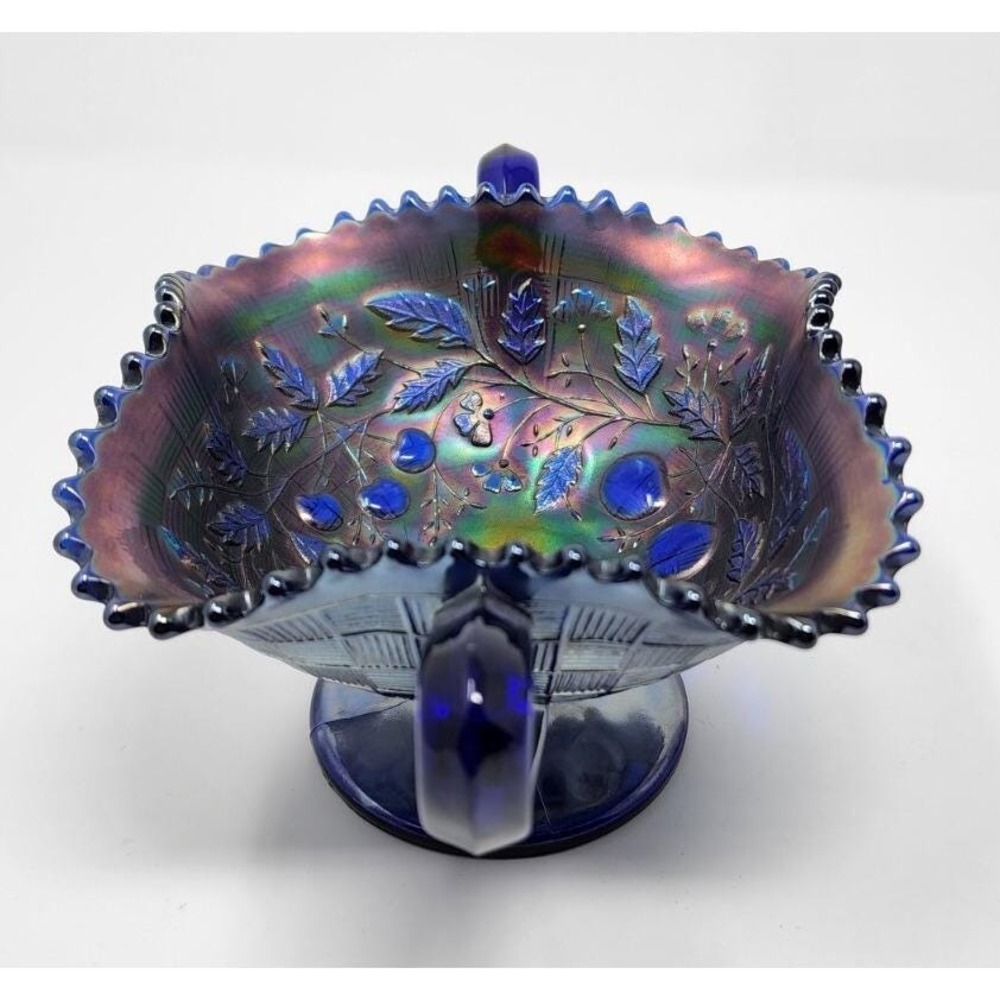 Northwood Cobalt Blue Fruits & Flowers Carnival Glass Handled Bonbon Dish - Picture 3 of 11